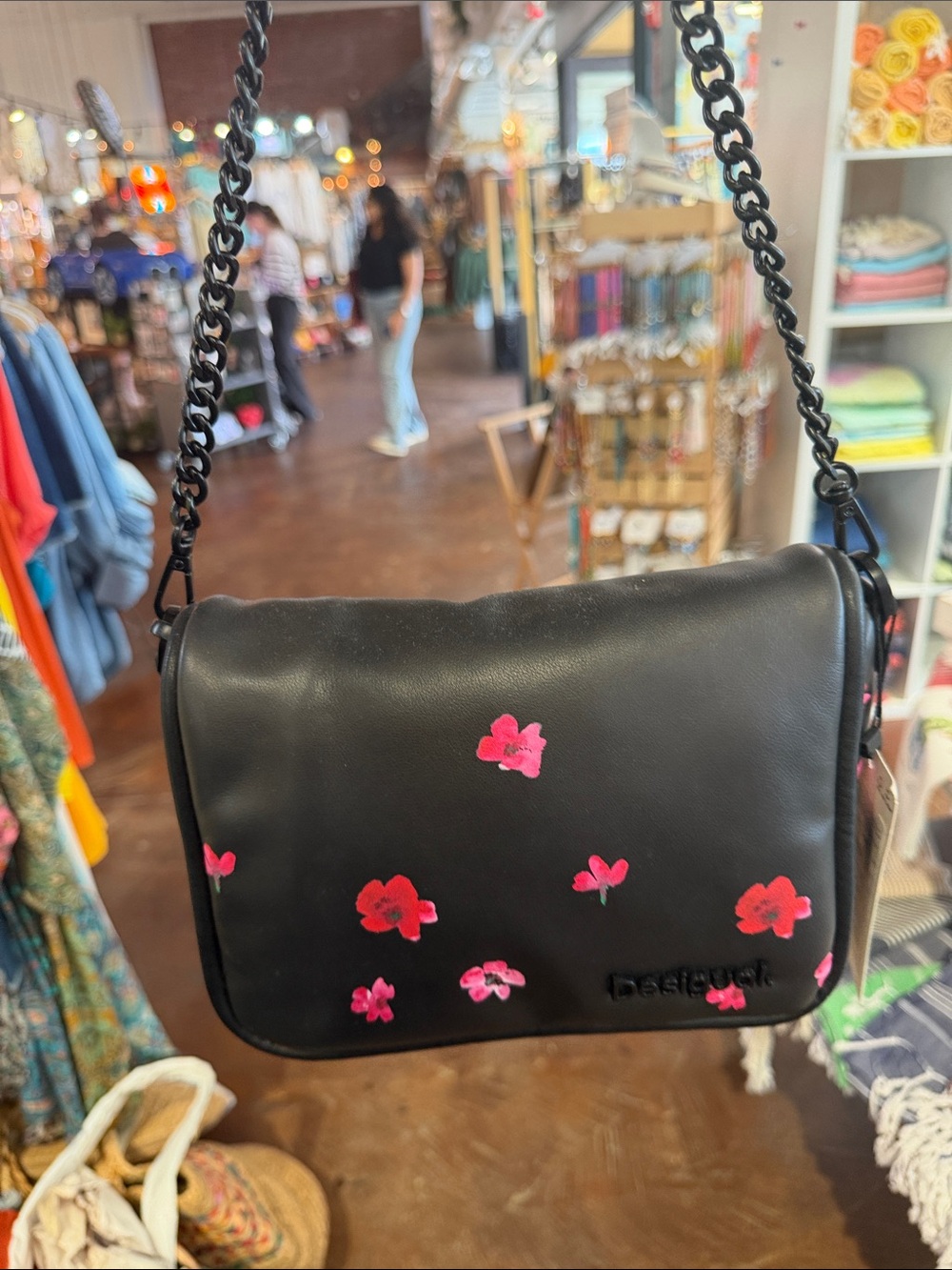 Desigual Black Crossbody Bag with Pink Flower Accents